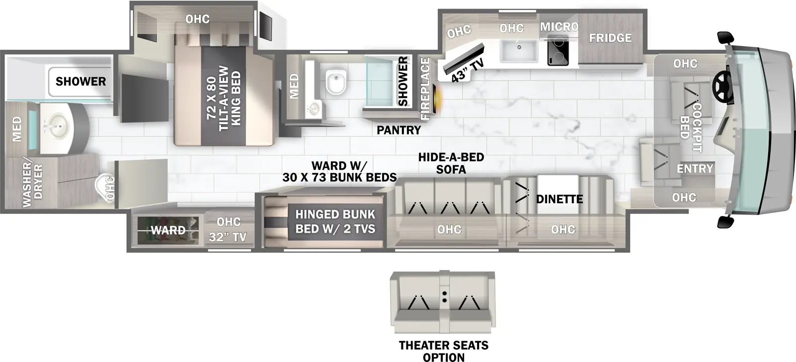 The 40F has three slide outs and one entry. Interior layout front to back: cockpit with entry, overhead cabinets, and cockpit bed; off-door side slideout with refrigerator, microwave over cooktop, kitchen counter with sink, overhead cabinet and TV; door side slideout with dinette, overhead cabinet, hide-a-bed sofa, wardrobe with hinged bunk beds with two TVs, and bedroom wardrobe with overhead cabinet and TV; off door side fireplace and pantry along inner wall; off-door side aisle full bathroom with medicine cabinet; off-door side slideout with tilt-a-view king bed and overhead cabinet; rear full bath with medicine cabinet, overhead cabinet, and washer/dryer prep. Optional theater seat available in place of hide-a-bed sofa.